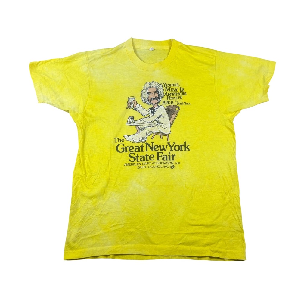 Vintage Screen Stars Mark Twain Great New York State Fair‎ Milk T-Shirt Yellow L